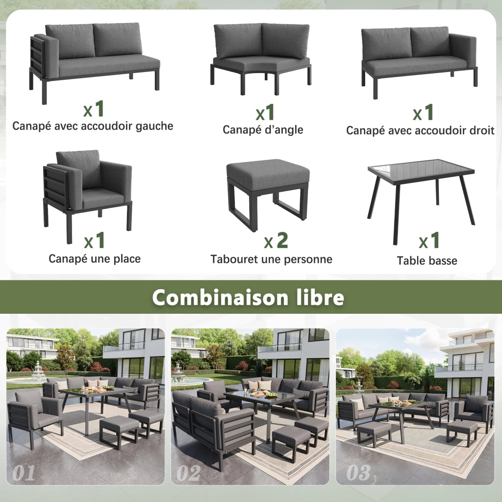 OKWISH Set da 7 Mobili da Giardino con 3 Divani, 1 Poltrona, 2 Sgabelli e 1 Tavolino, Ferro Grigio