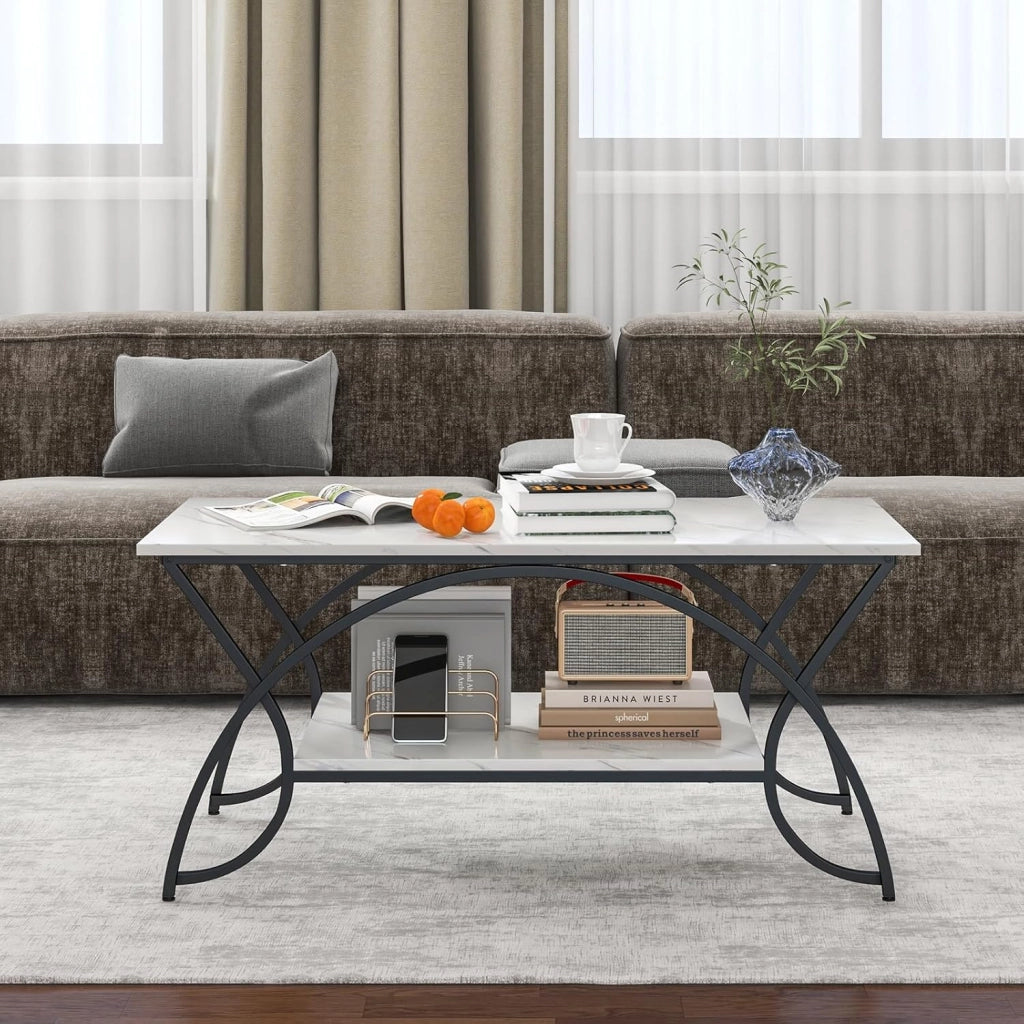 Tavolino da Caffè da Salotto, Tavolino Rettangolare a 2 Livelli con Struttura in Metallo, Tavolino Elegante e Moderno per Studio, Ufficio e Soggiorno, 100 x 50 x 45 cm (bianco e nero)