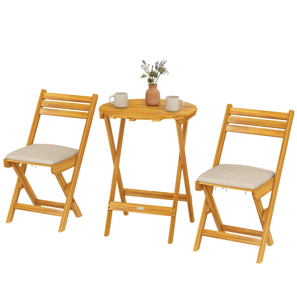 Set Bistr¨° Esterno: 2 sedie pieghevoli e tavolo rotondo, legno naturale.