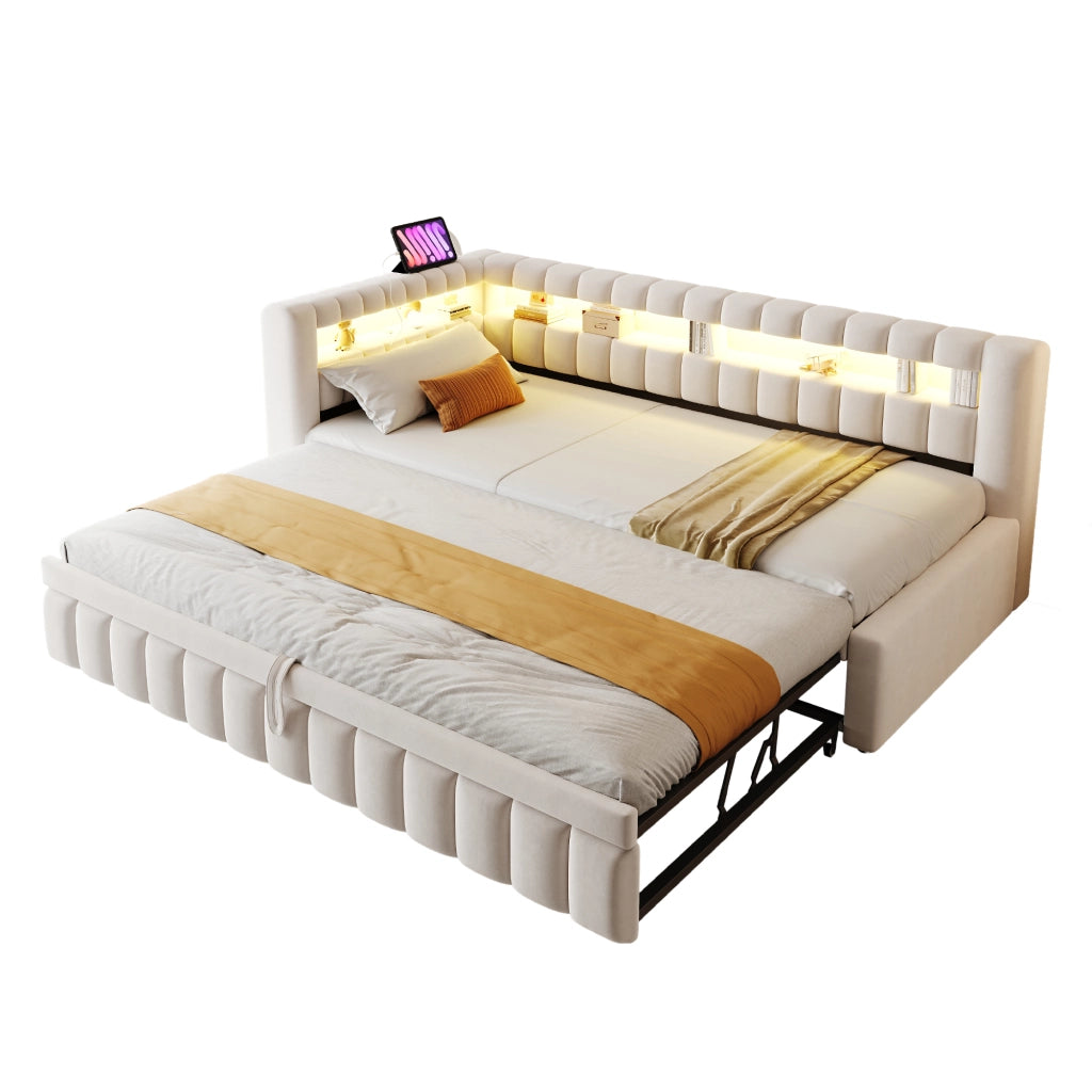 Letto imbottito estraibile 90x200 cm con LED, porte USB e tipo C, tessuto effetto velluto beige