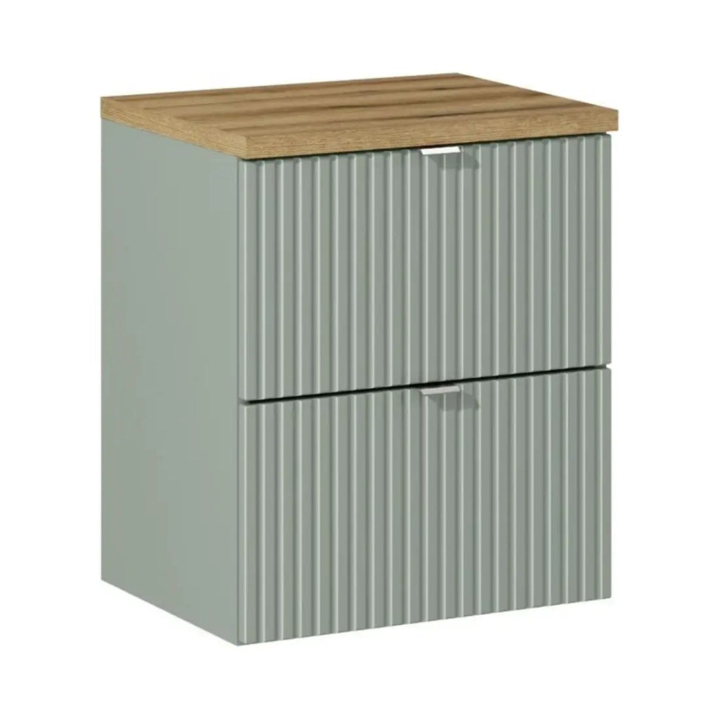 Insieme ELVINA 50cm: mobile sottolavabo con cassetti verde salvia grigio + piano per lavabo effetto legno scuro