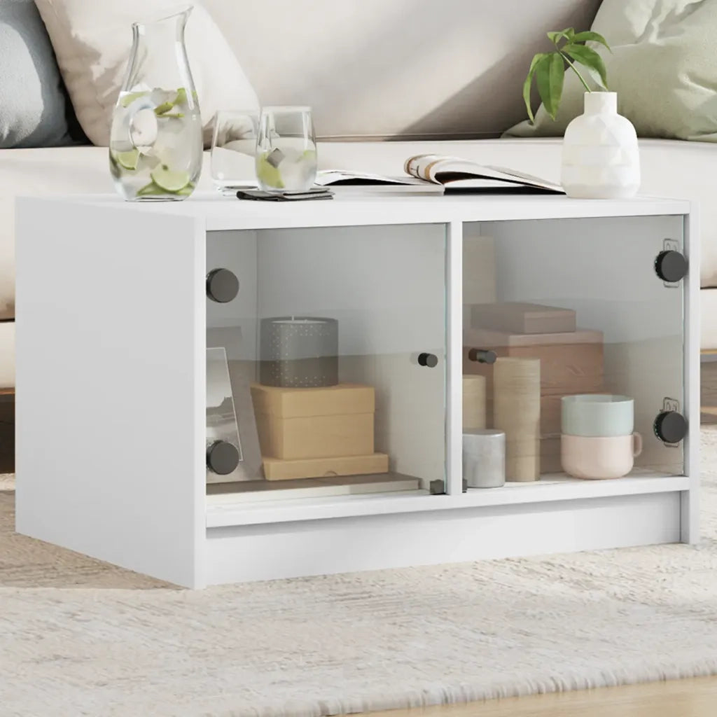 Tavolino da salotto | Tavolino da caff¨¨ | Tavolino da Soggiorno con Ante in Vetro Bianco 68x50x42 cm