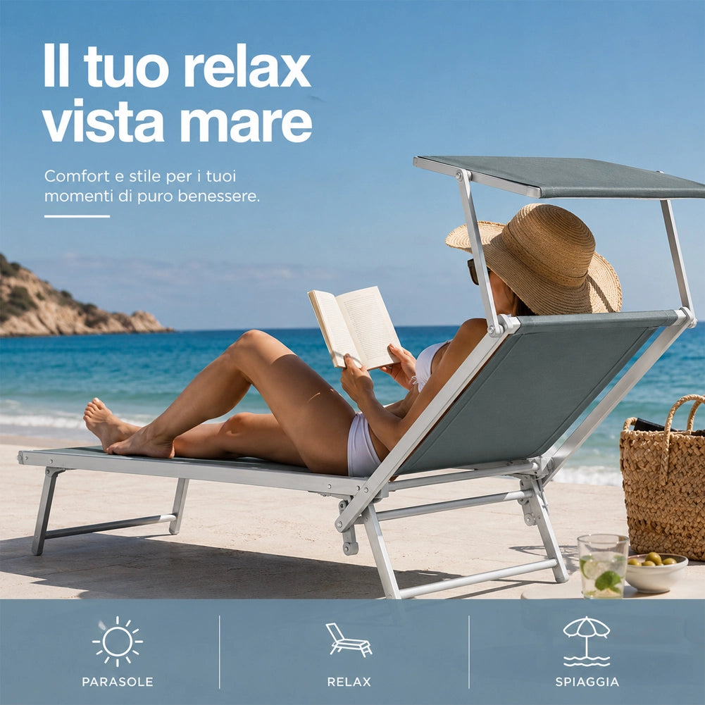 Lettino Prendisole Pieghevole Grigio da Mare Spiaggia Sdraio con Tettuccio