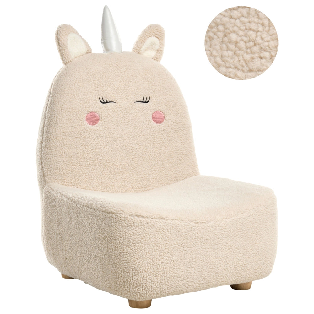 Sedia per animali Imbottitura in bouclè beige chiaro Seduta senza braccioli per cameretta per bambini Design moderno Forma di unicorno
