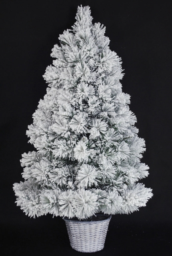 Albero di natale a metà da parete innevato basket white h.120 cm con vaso in rattan bianco cm sia per ambienti interni che per esterni 177 rami