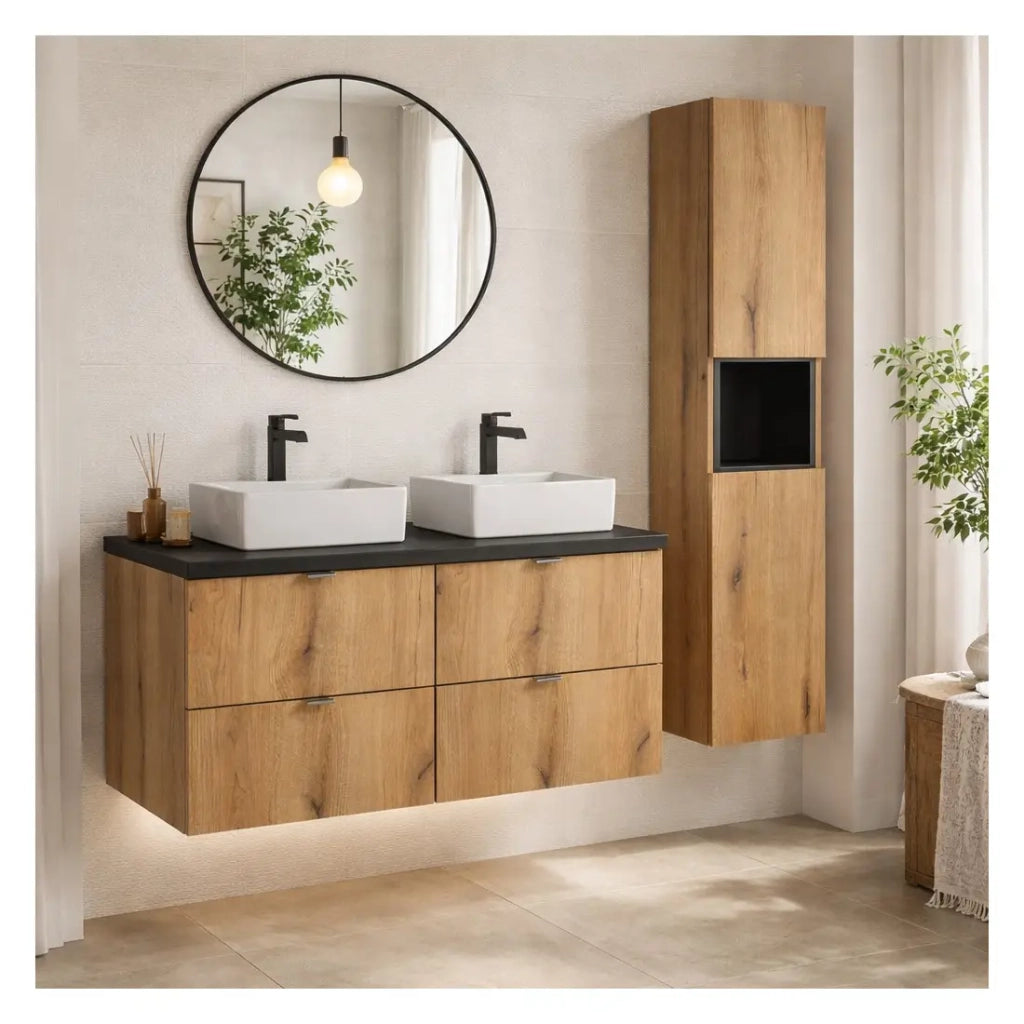 Set VANO quercia e nero 130cm: mobile sottolavabo con cassetti + piano per lavabo + lavabi rettangolari da appoggio + colonna