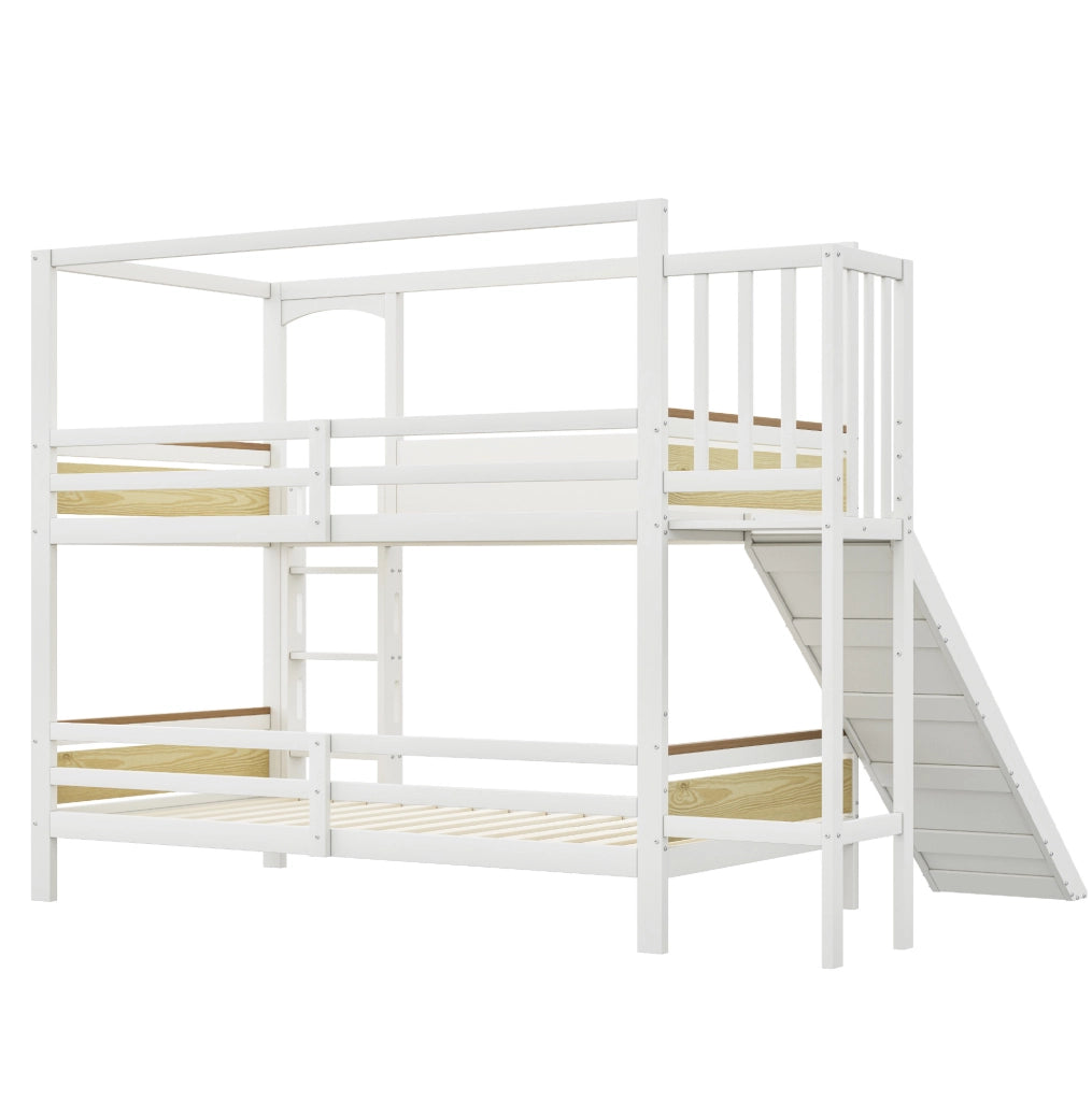Letto a castello per bambini 90x200 cm con scivolo e scala di sicurezza bianco e legno HOMVRA