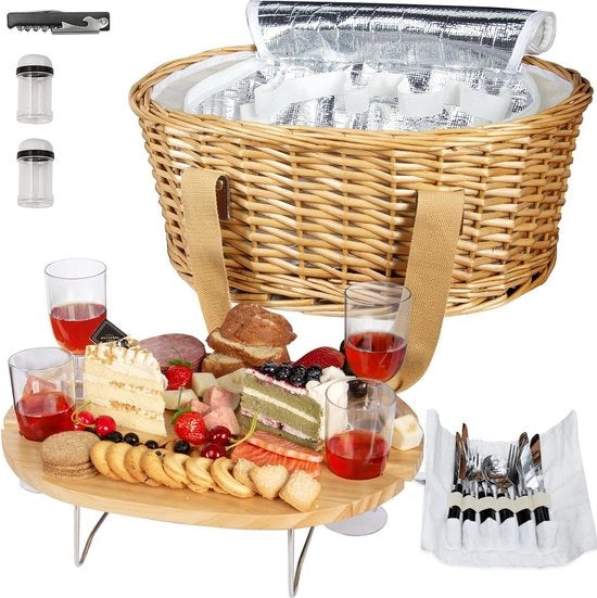 Set da picnic per 4 persone con tavolo pieghevole in rattan, con valigetta isolata, set di stoviglie e kit di servizio per regali per coppie e matrimoni
