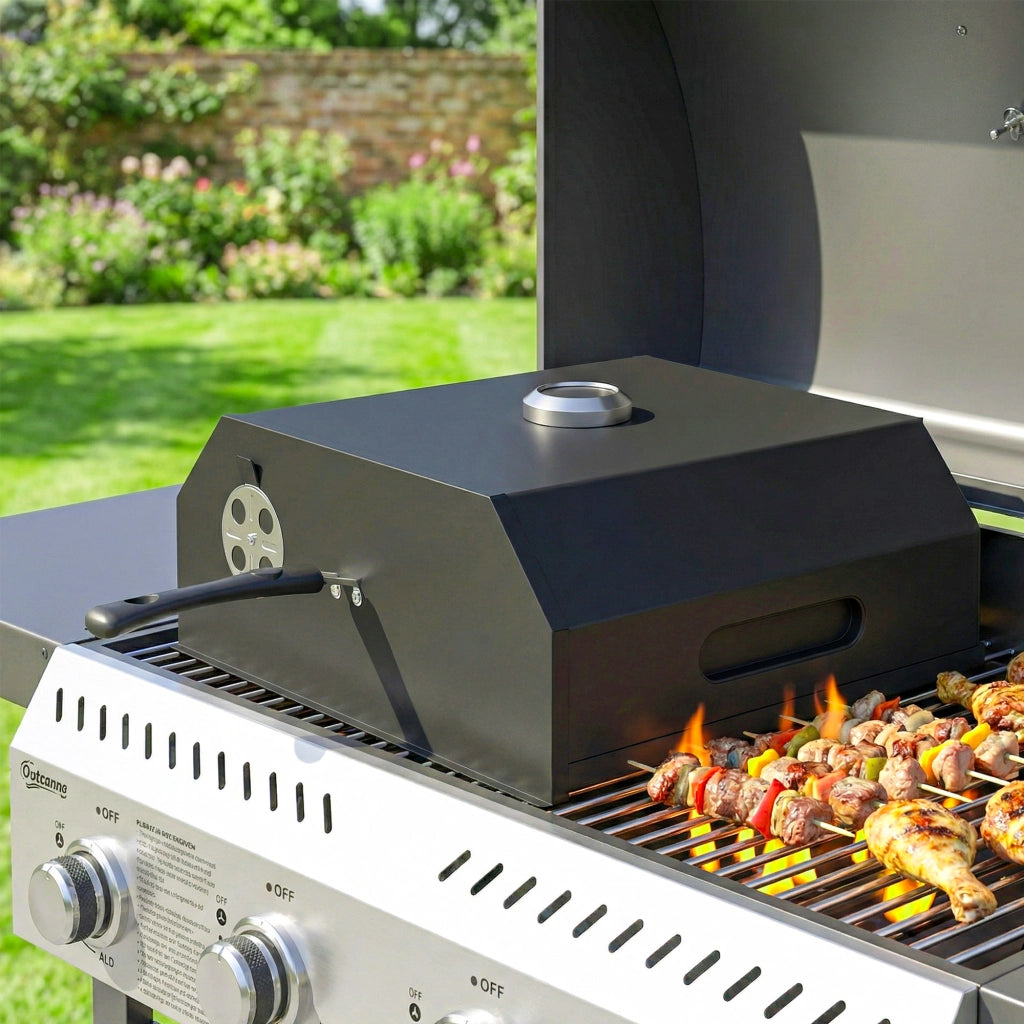 Mini Forno per Pizza da Barbecue 53x40x18,5 cm con Pietra in Cordierite e Termometro in Metallo Nero