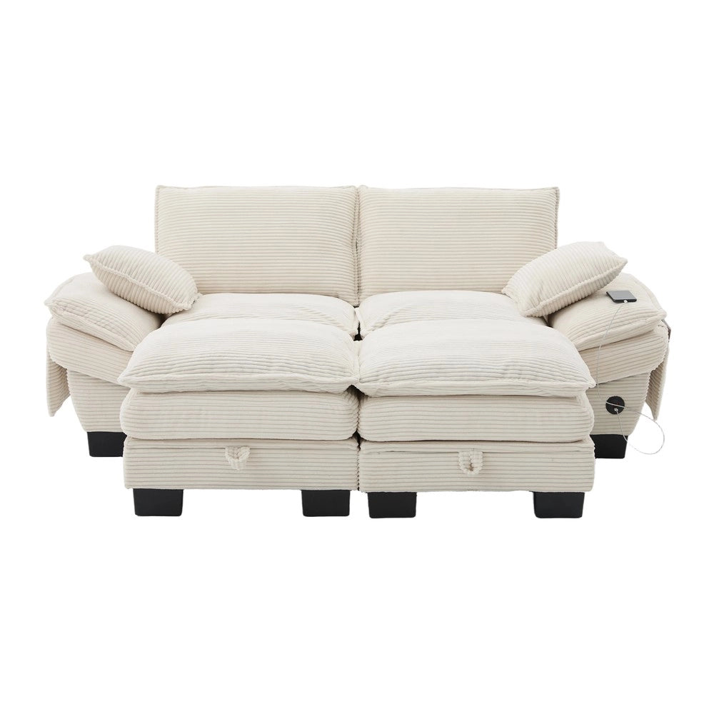 Divano 2 Posti con Poggiapiedi in Tessuto a Coste ¨C Xylo ¨C Grigio/Beige/Verde