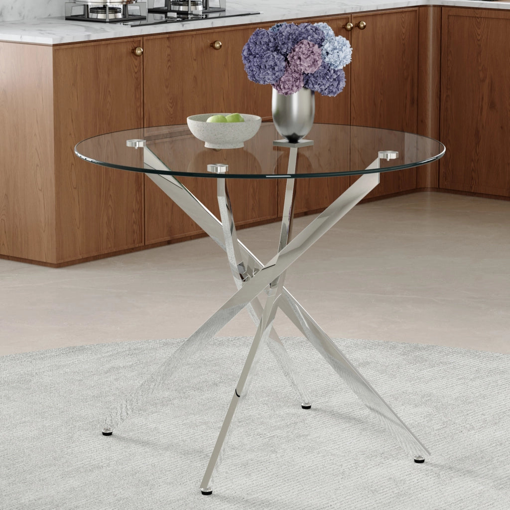 Tavolo da pranzo con piano in vetro e base in metallo per cucina 88 cm