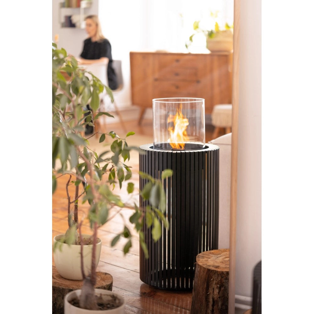 Planika - Biocamino Mandala Caminetto a Bioetanolo Portatile con Tecnologia Commerce, Cilindrico nero in Vetro