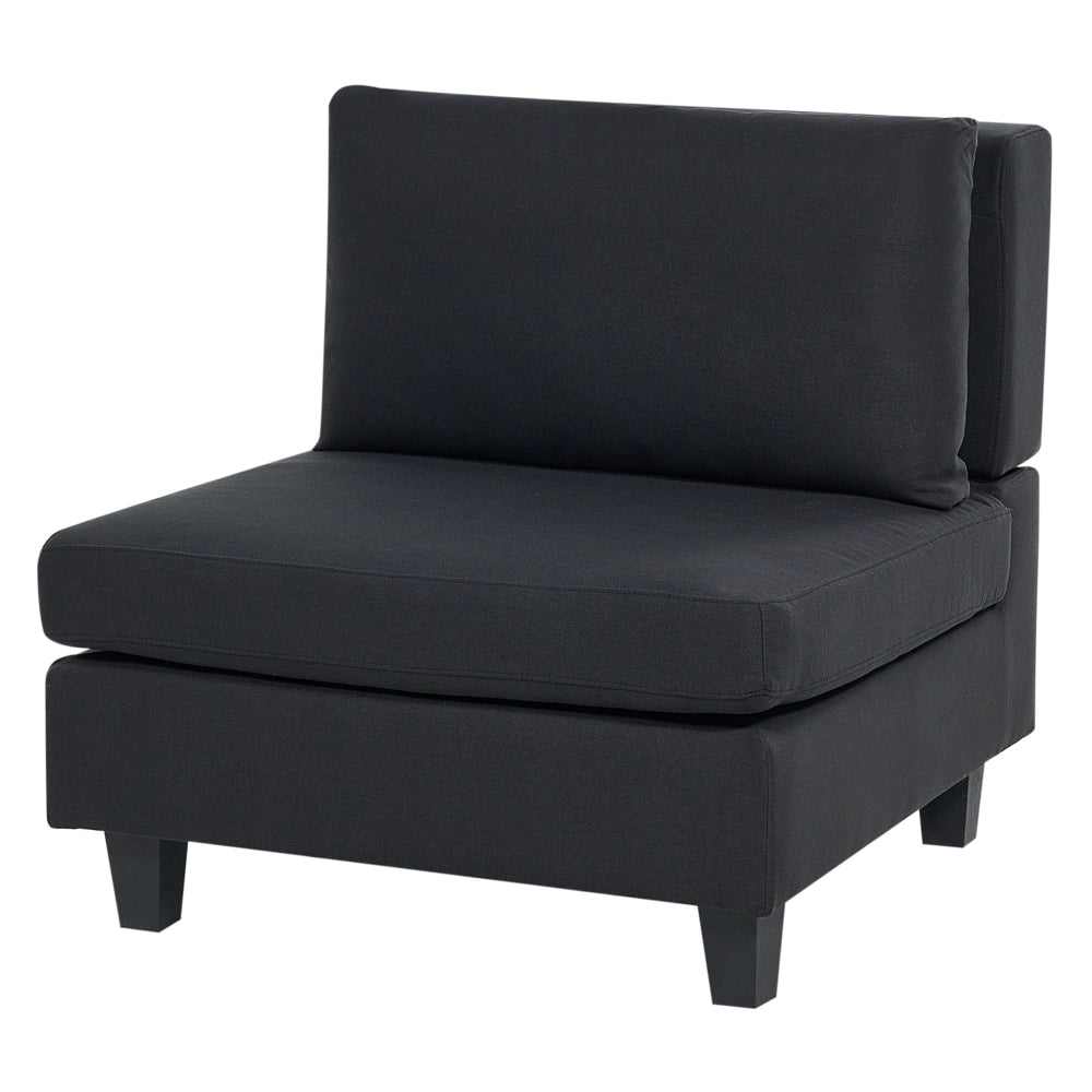 Divano componibile 4 posti imbottito in tessuto nero con gambe nere schienale imbottito lato sinistro con pouf stile moderno