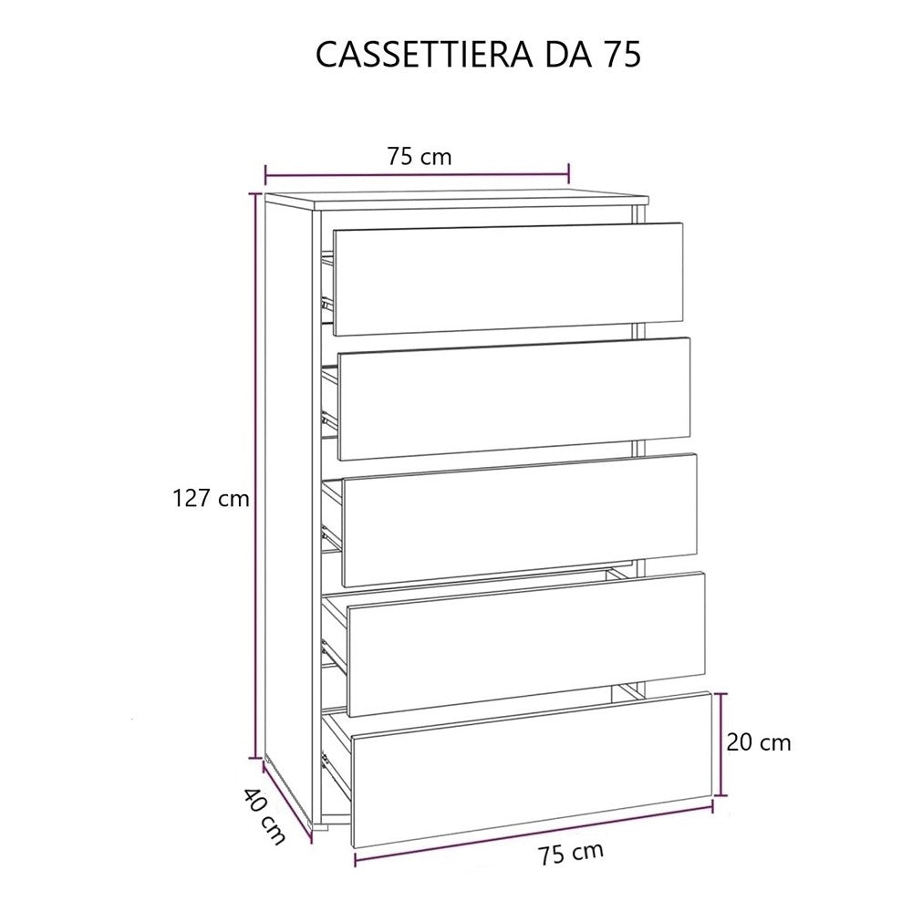 Cassettiera 5 cassetti 75x40x127 MONTATA colore olmo