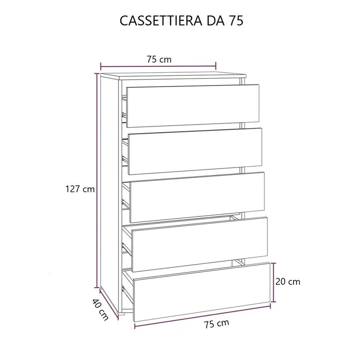 Cassettiera 5 cassetti 75x40x127 MONTATA colore olmo