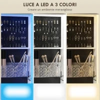 Armadio Portagioie con Specchiera Girevole a 360°, Luce LED Regolabile, Serratura e Ripiani, 37x40x165.5 cm, Nero