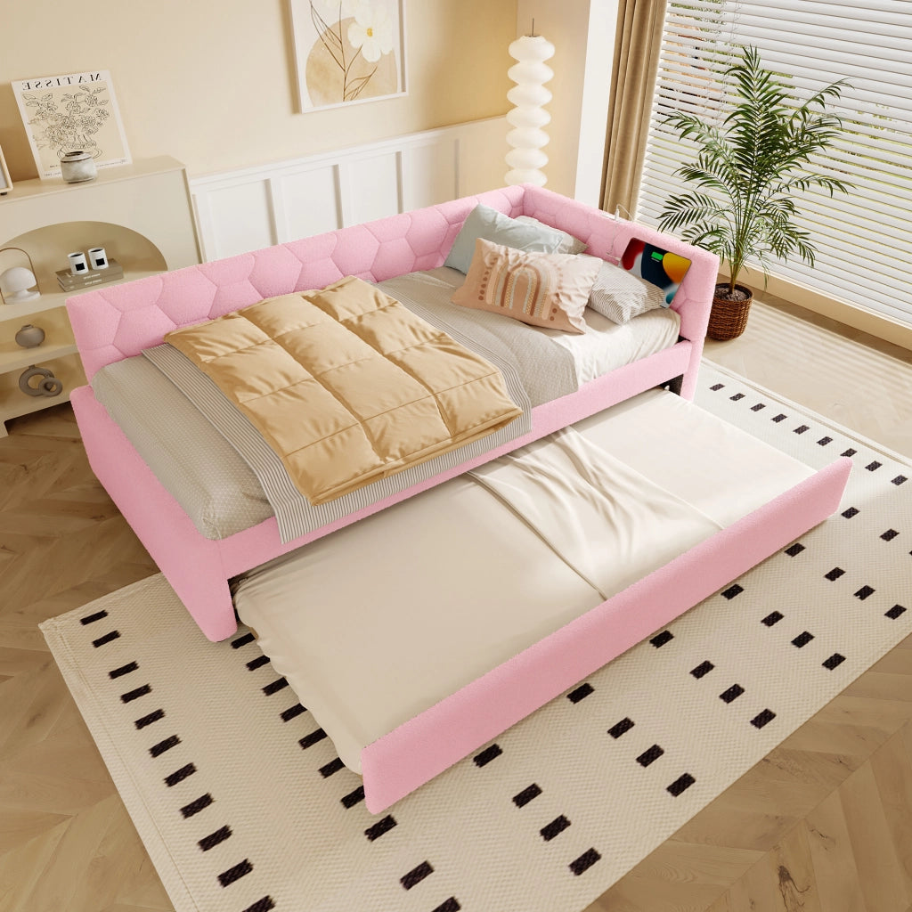 LETTO 90x200 cm in Bouclé Rosa con letto estraibile, USB e Tipo-C