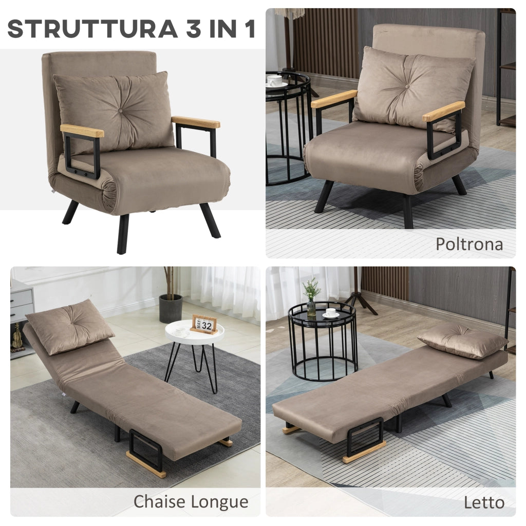 EasyComfort Poltrona Letto Imbottita 3 in 1 con Schienale Reclinabile in 5 Posizioni e Cuscino, 63x73x81 cm, Grigio