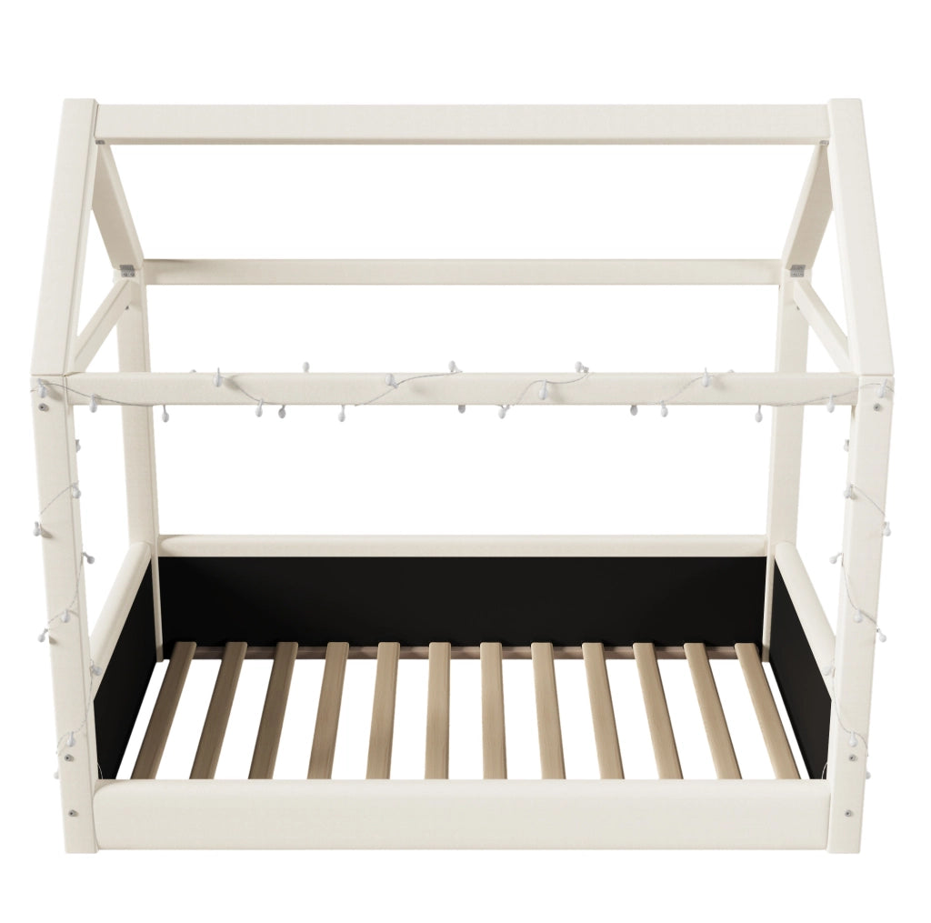 Letto casetta imbottito 90x200 cm con luci LED; beige