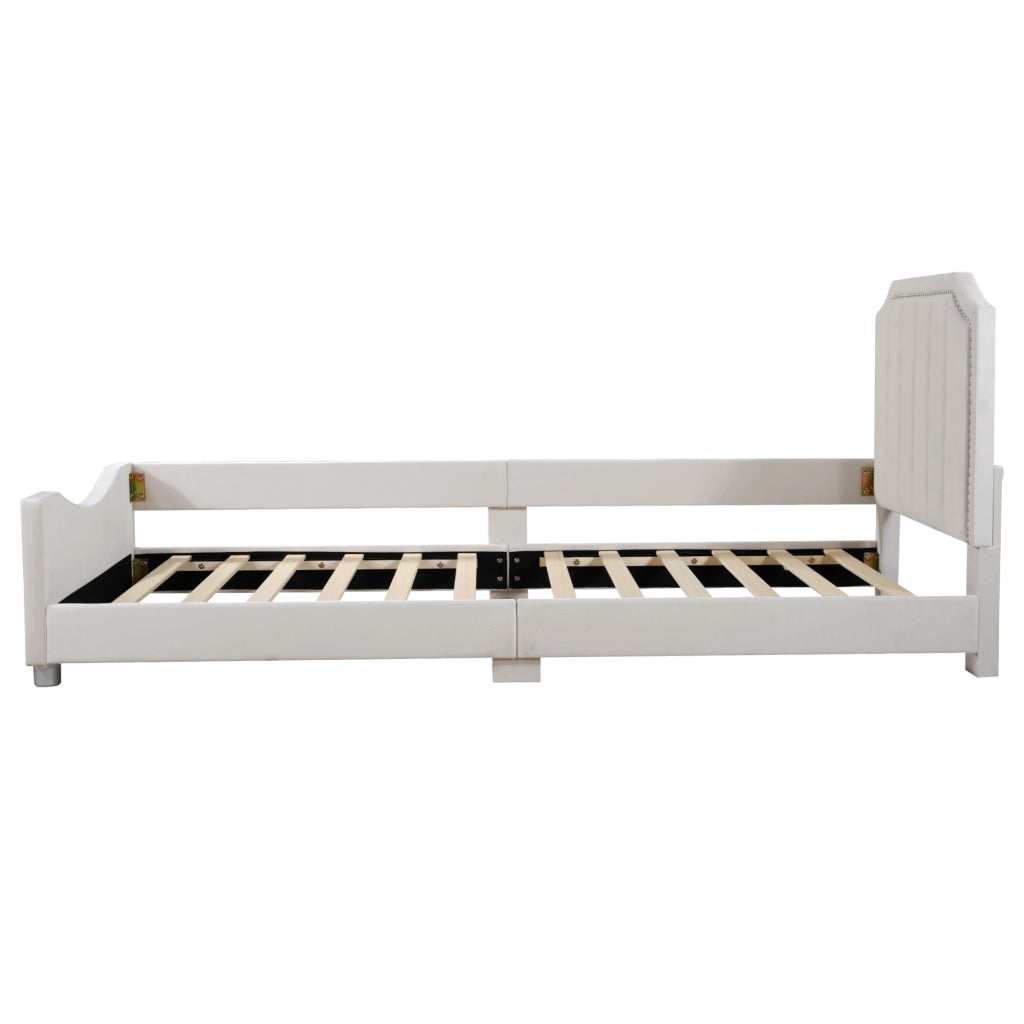 OKWISH Letto Bambino 90×200 cm, Letto Singolo con Schienale, Braccioli e Design Arrotondato, senza Materasso, in Legno, Beige
