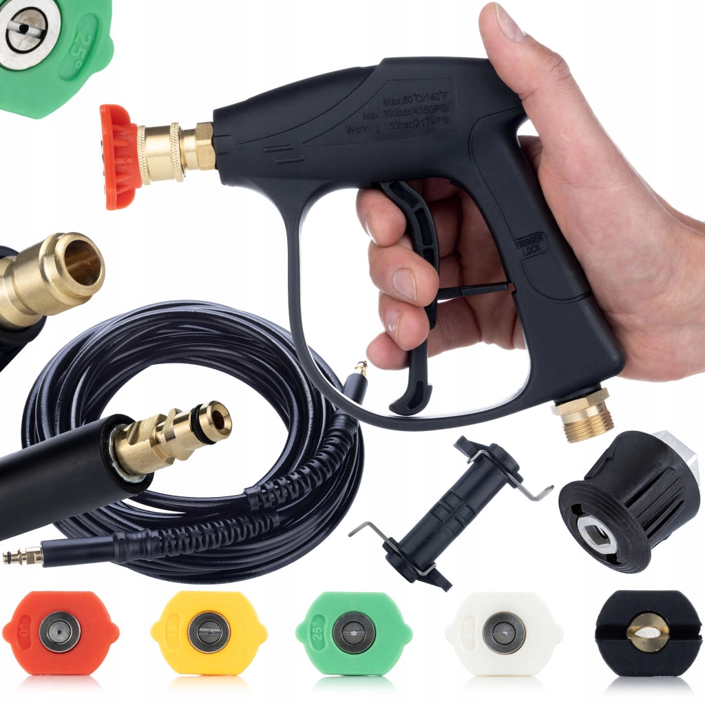 Set di Accessori per Idropulitrice – Pistola 300 Bar, 5 Ugelli, Tubo 8m Click-Click, Adattatori M22