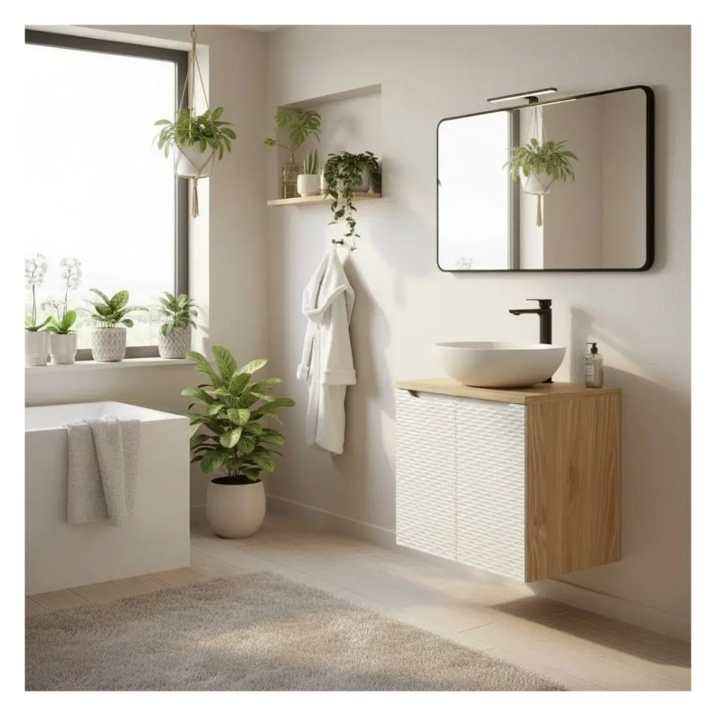 Set da bagno YOKA beige: mobile sotto lavabo 60 cm + piano lavabo