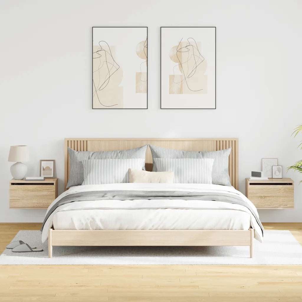 Set di 2 Comodini | Armadio da Notte | Mobiletto da notte a Parete con luci LED Rovere Sonoma