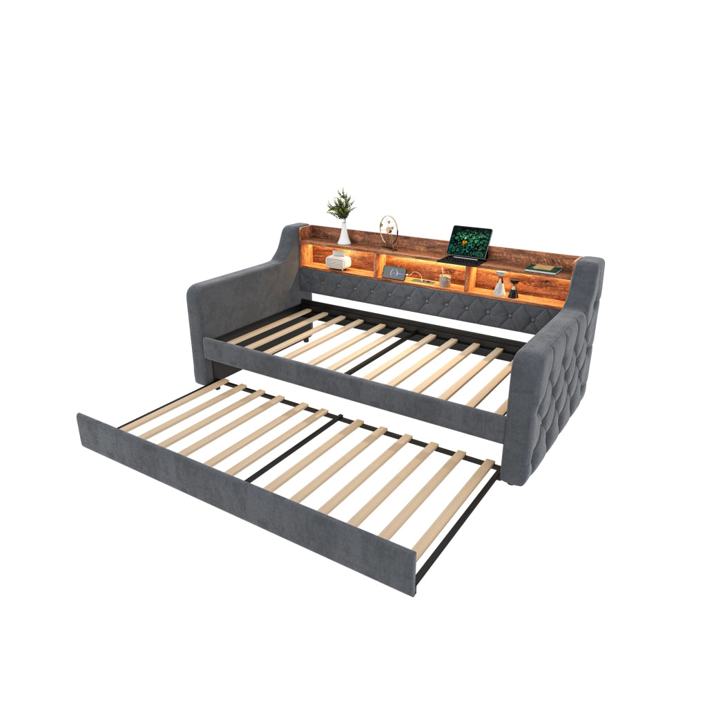Divano letto estraibile 90x190 cm in velluto grigio scuro con luce regolabile e vano contenitore