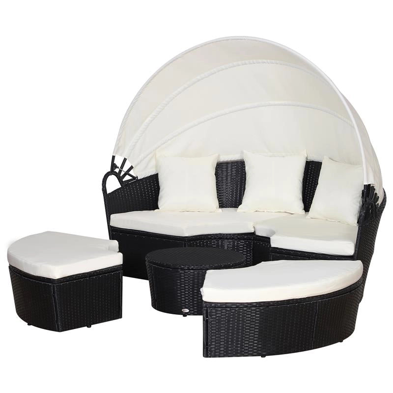 SET COMPONIBILE DIVANO CIRCOLARE DA ESTERNO IN PE RATTAN NERO E BEIGE