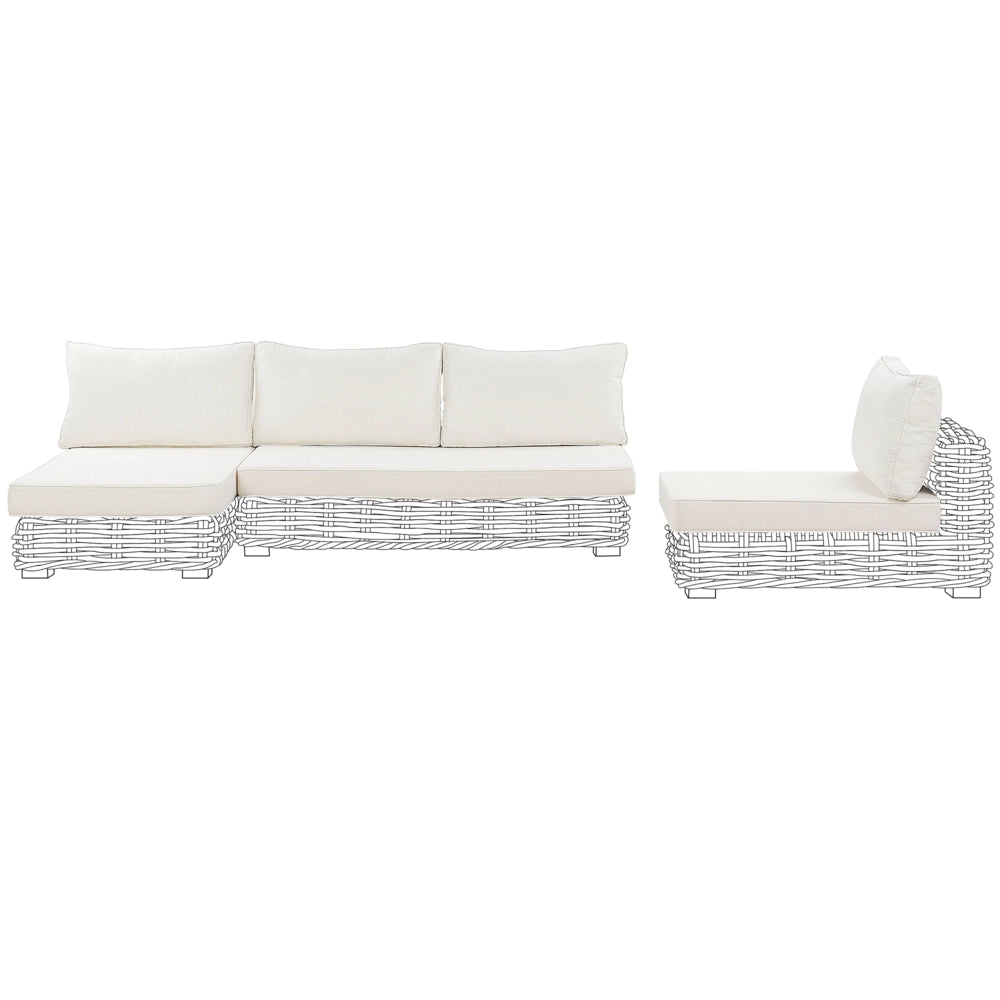 Set di copricuscini per esterni in tessuto bianco sporco per divano, sedile, schienale e federe.