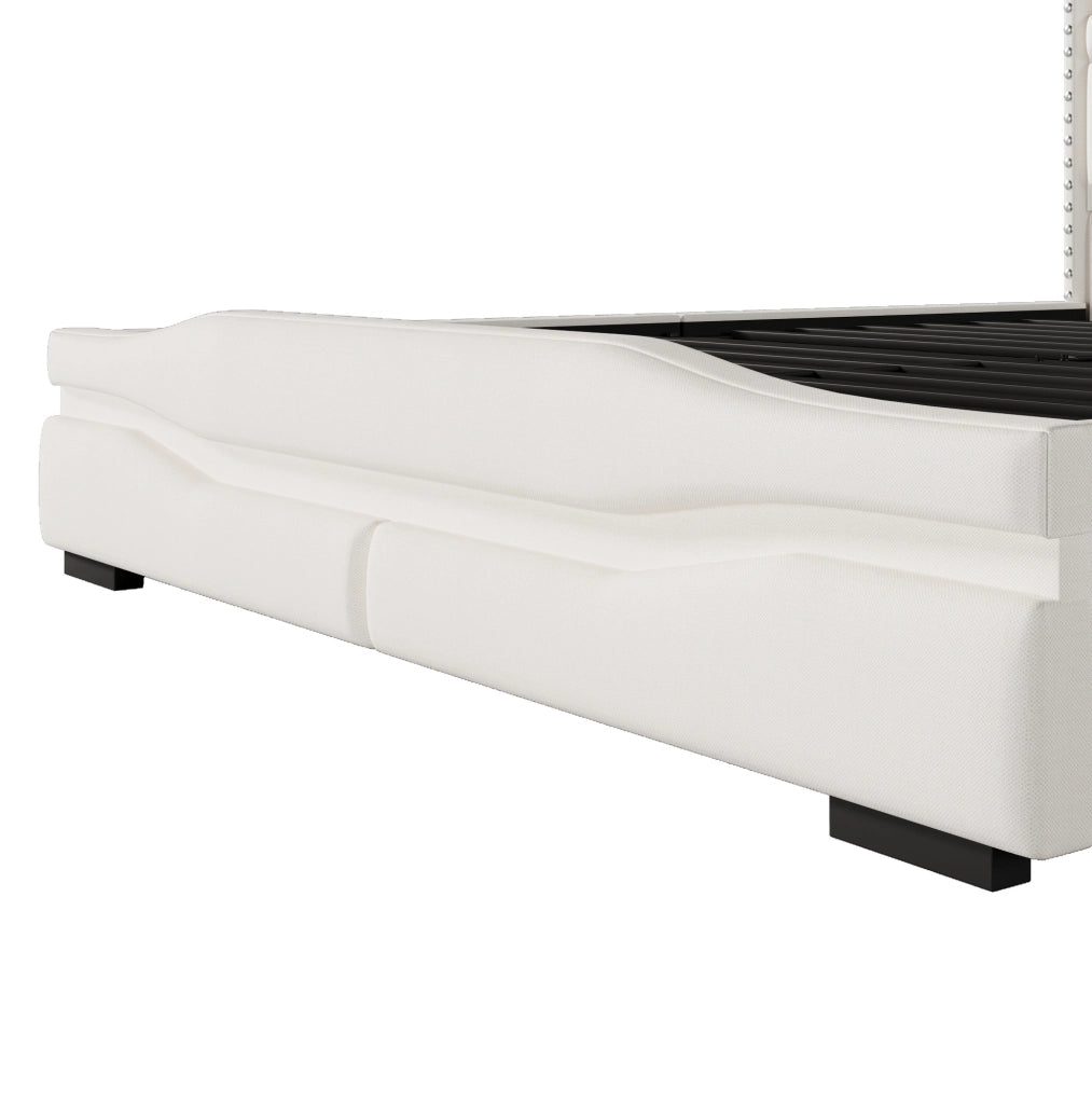 Letto imbottito 160x200 cm con contenitore e LED; prese USB e Tipo-C in lino beige
