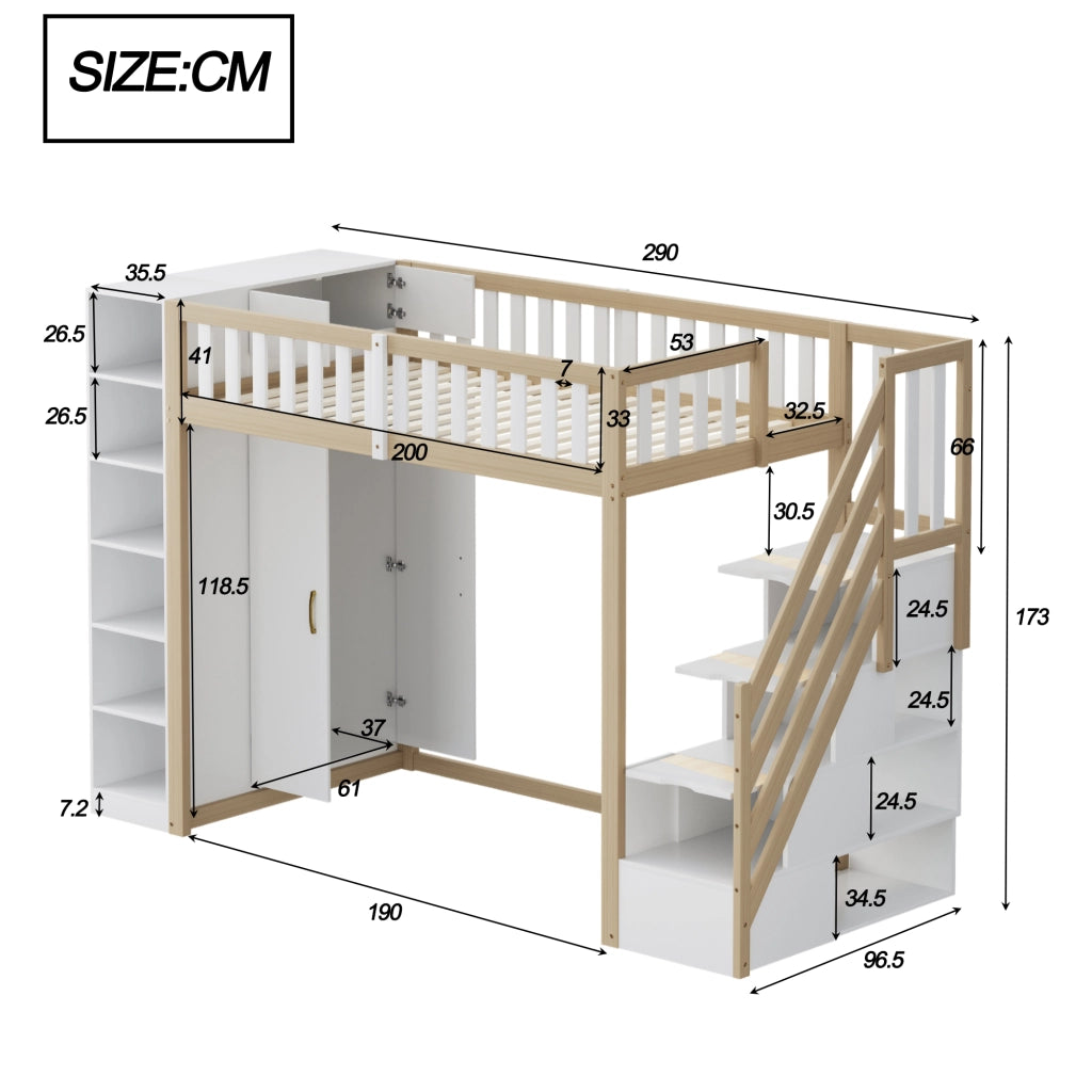 OKWISH Letto a Soppalco 90×200 cm, Letto Singolo con Scaffali, Armadio e Scala con Cassetti, senza Materasso, in Legno, Bianco