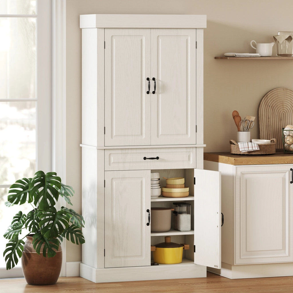 Credenza Cucina con 2 Armadietti e Cassetto in Stile Coloniale, 80x35x180cm Bianco