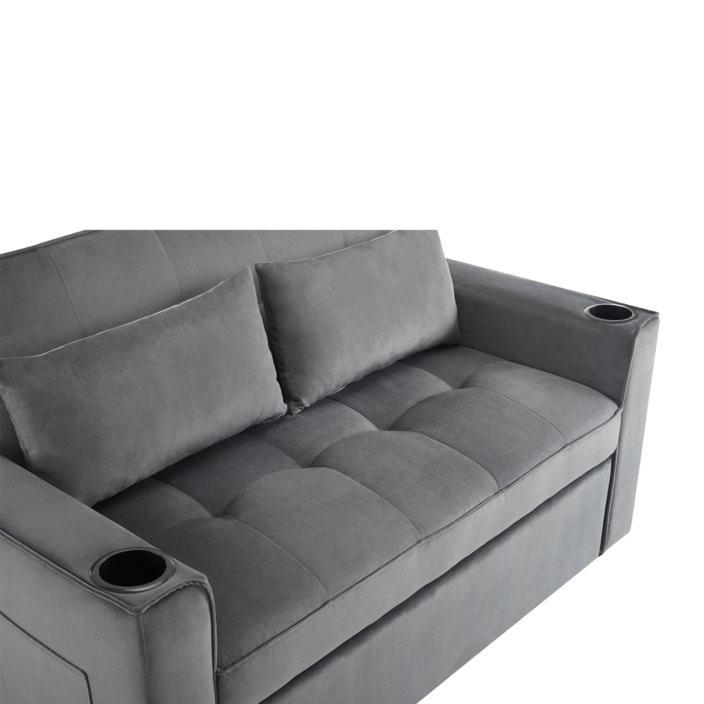 Divano letto 2 posti 137x163 cm in velluto grigio con portabevande e 2 cuscini