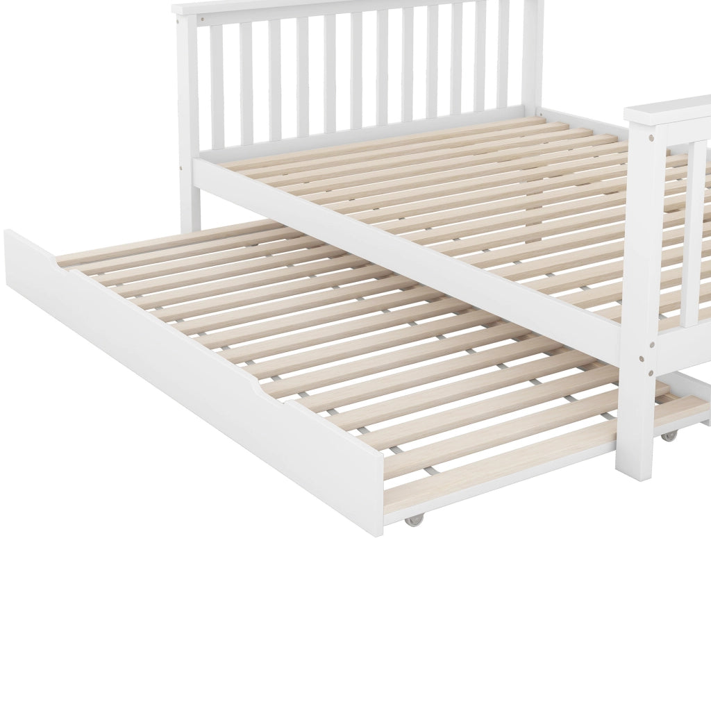 Letto a castello ULEVR 90x200 e 140x200 cm con letto estraibile, scala contenitore, pino e MDF, bianco