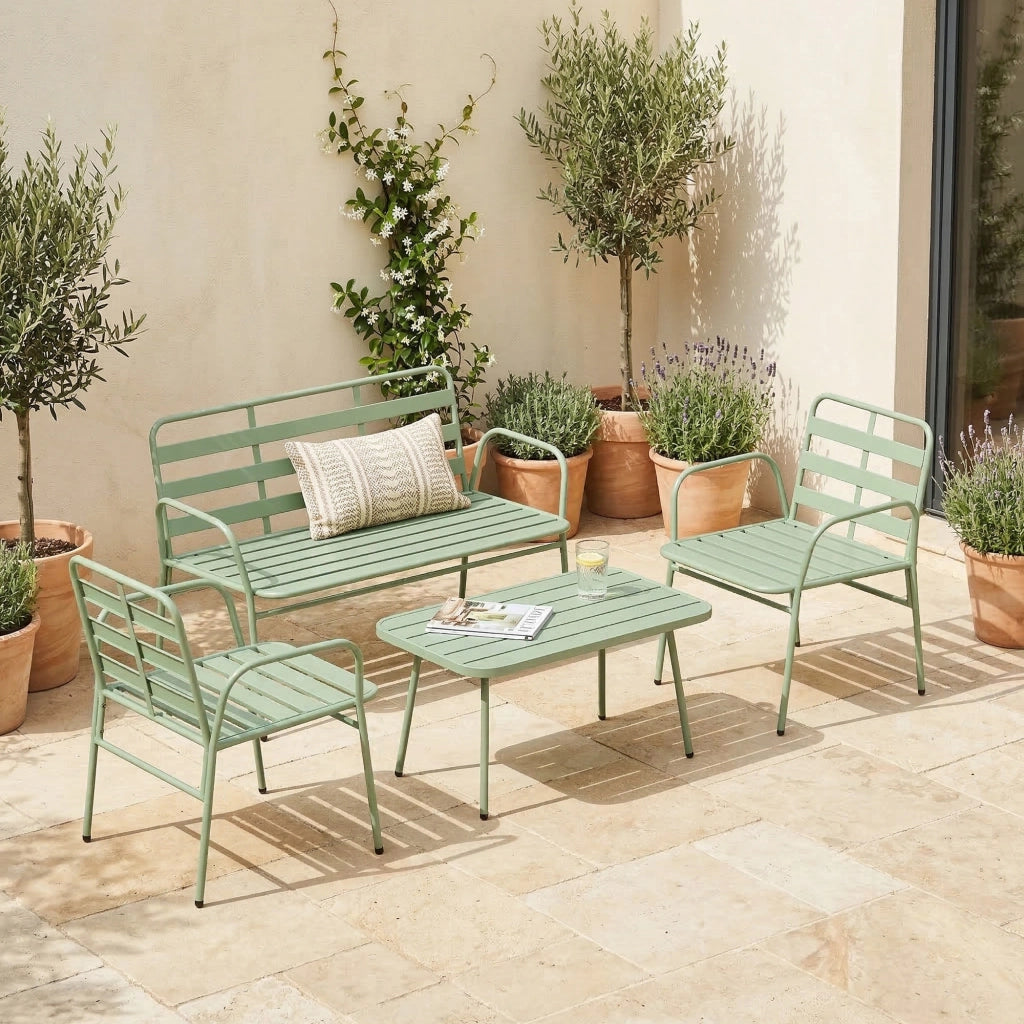 Set Giardino 4 Pezzi ¨C Divano Esterno in Metallo con Doghe ¨C Zephmum ¨C Verde