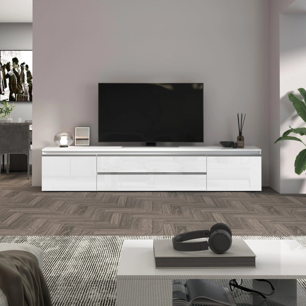 WHOUS Mobile porta tv Magic 2 ante e 2 cassetti centrali bianco lucido 240x40x55 cm