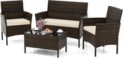 Salotto da Giardino Esterno 4 Pezzi, Set Giardino Esterno con Divanetto, 2 Poltrone e Tavolino da Caffè in Vetro Temperato, Salotto da Patio con Cuscini per Balcone, Veranda (Marrone+Beige)