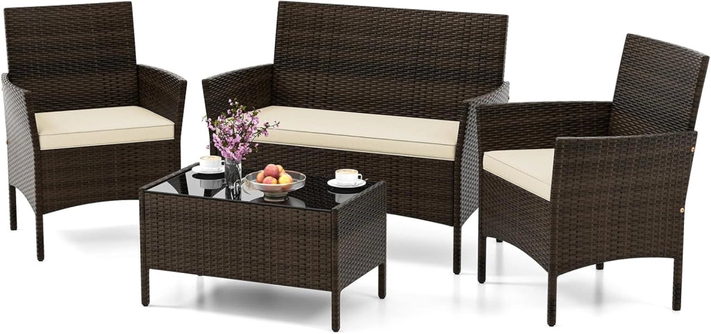 Salotto da Giardino Esterno 4 Pezzi, Set Giardino Esterno con Divanetto, 2 Poltrone e Tavolino da Caffè in Vetro Temperato, Salotto da Patio con Cuscini per Balcone, Veranda (Marrone+Beige)