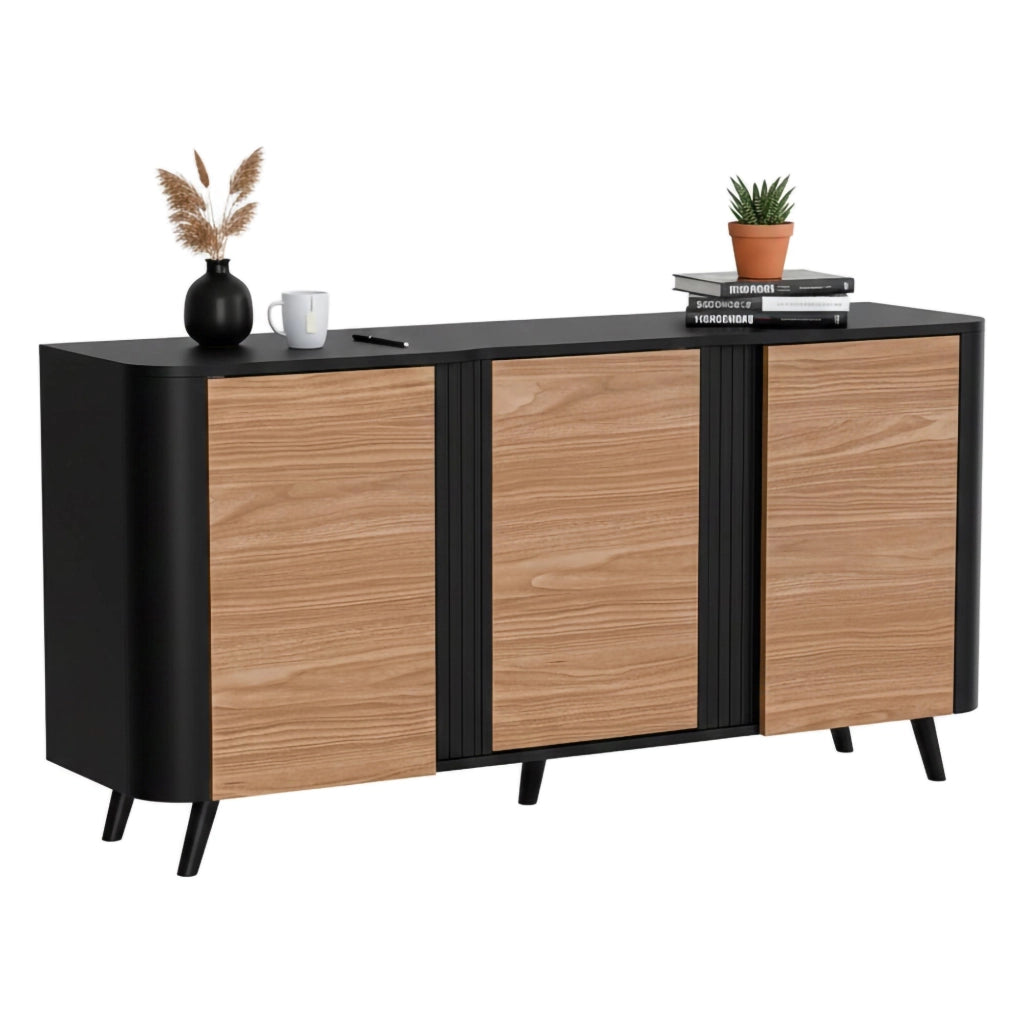 Credenza Loreo, Madia da salotto con tre ante battenti e vani interni, Rialzata da terra, 151x42 h70 cm, Nero e Noce