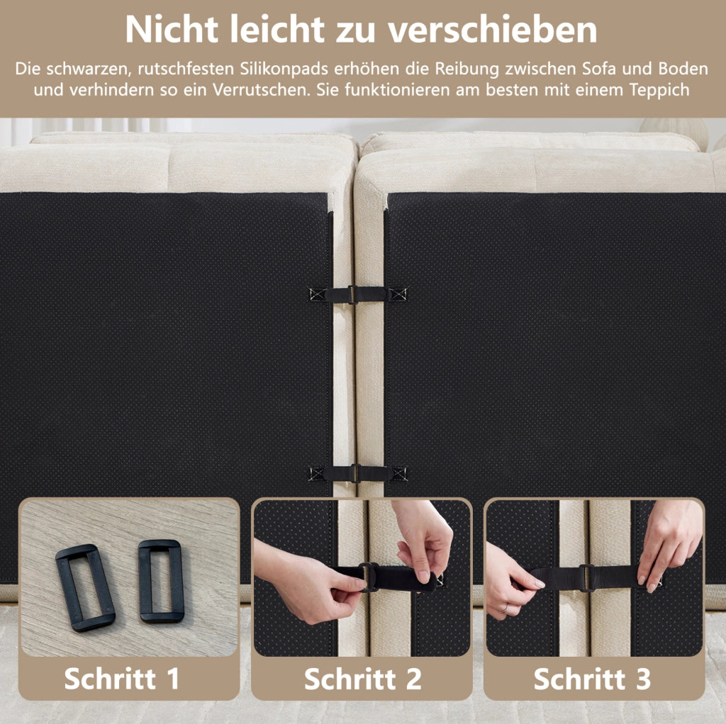 Divano modulare senza telaio in ciniglia beige; 264 x 97 x 68 cm