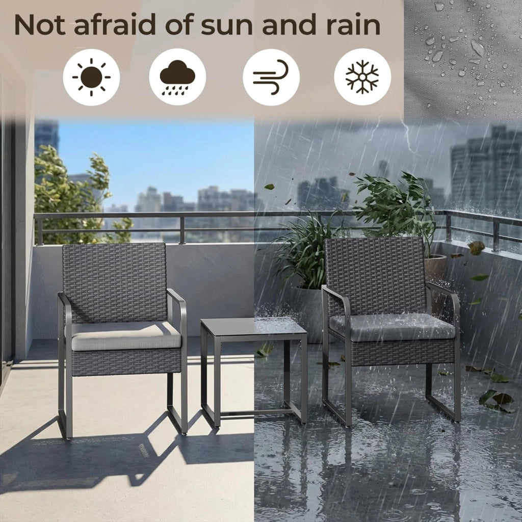 Set Giardino in Rattan per 2 Persone, Mobili da Esterno in Vimini con Cuscini, Tavolino e 2 Sedie per Terrazza, Balcone, Giardino o Piscina (grigio)