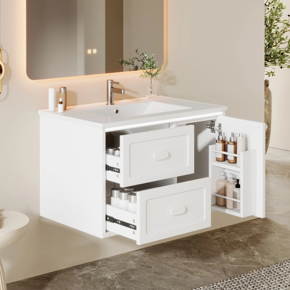 Mobile Bagno Sospeso con Lavabo Integrato e LED ¨C Xylo ¨C Bianco, 2 Cassetti, 76x46x51 cm