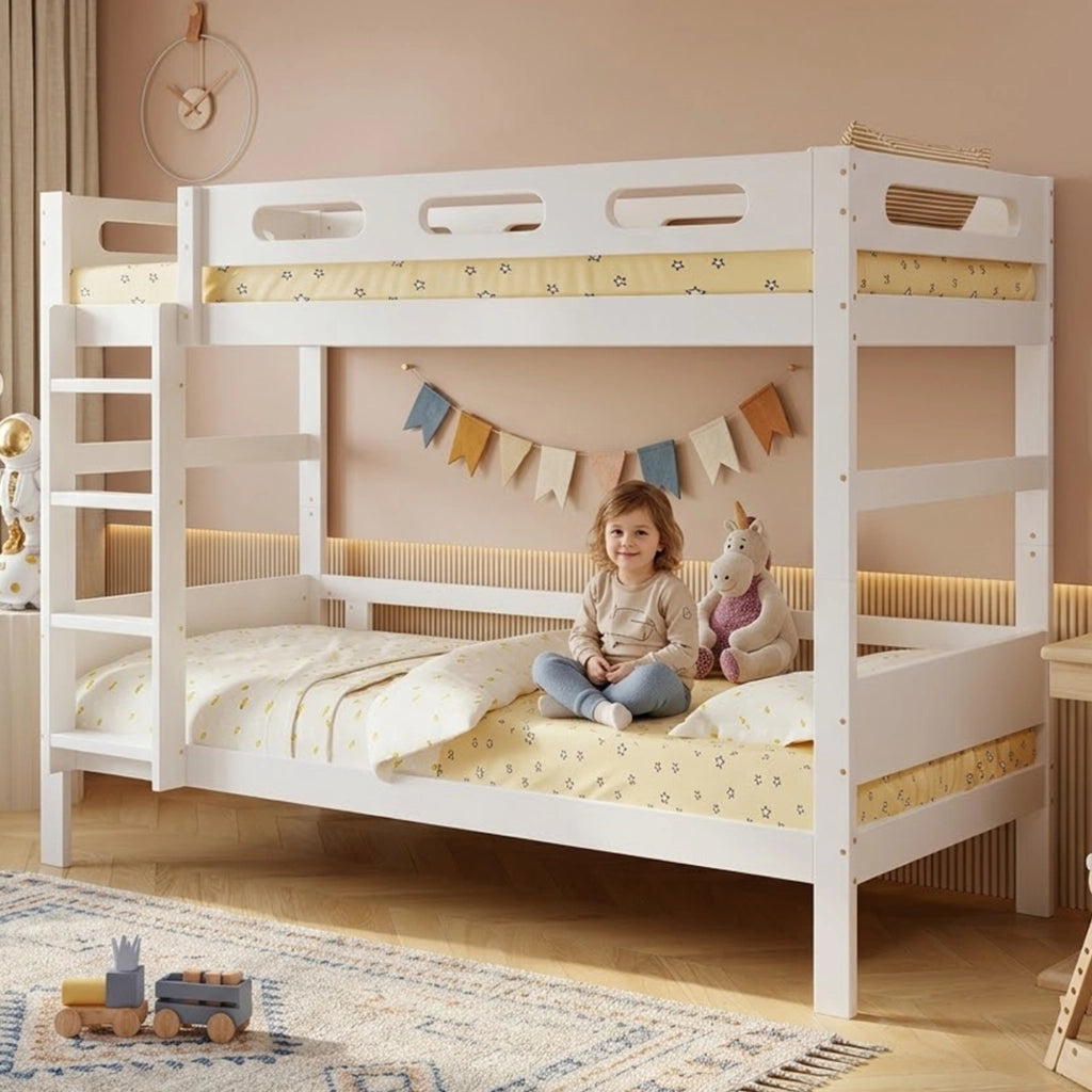 Letto a castello di 90x200 cm con sponda a scaletta in legno bianco