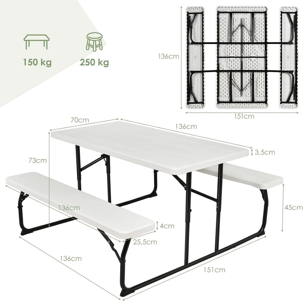 Set di Tavolo Campeggio Pieghevole, 136 x 151 x 73cm, Set di Tavolino e 2 Panca da Campeggio all’Aperto, da 4-6 Posti, per Patio Giardino Bordo Piscina (bianco)