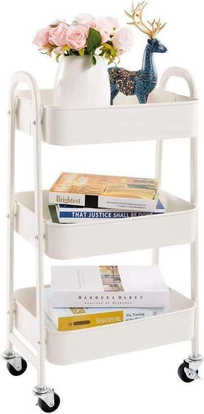 Carrello di Stoccaggio con Ruote, 3 Livelli di Servizio, Carrello di Cucina, Metallico, per Camera da Letto, Bagno, Ufficio, Bianco