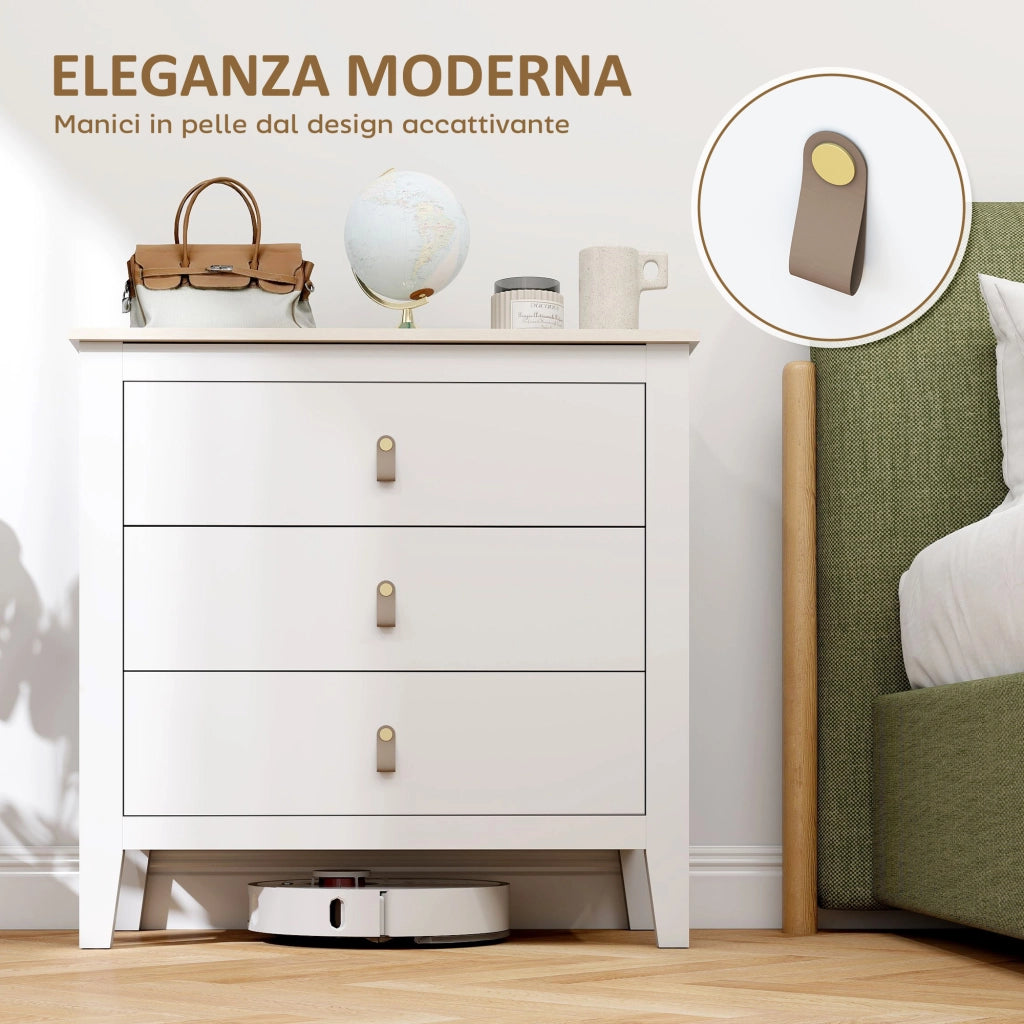 Cassettiera per Camera da Letto a 3 Cassetti 80x40x78,5 cm con Maniglie in Finta Pelle in Legno Bianco