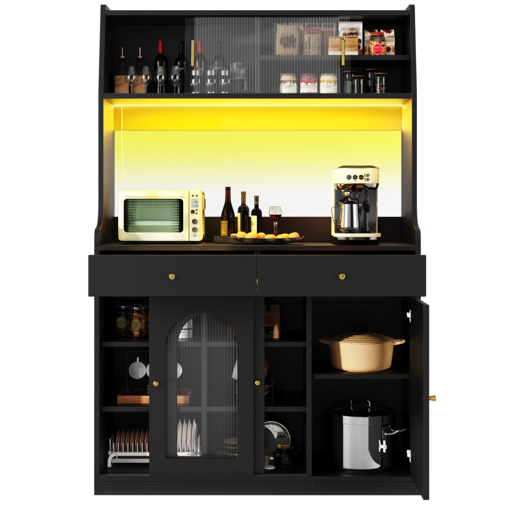 Credenza alta con LED e ante scorrevoli in vetro, nera
