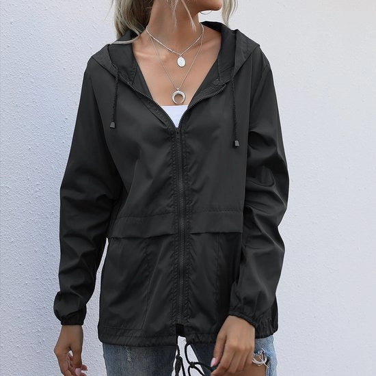 Impermeabile giacca da donna, giacca da pioggia leggera con tasche, cappuccio e giacca a vento per esterno