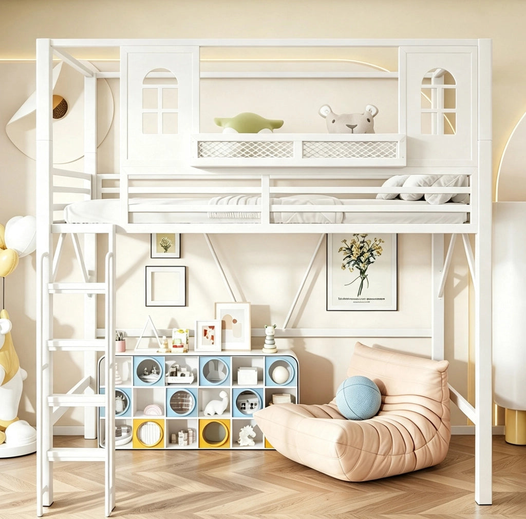 Letto a soppalco ULEVR 90x200 cm con tetto e finestre, scala con corrimano e ripiano, bianco